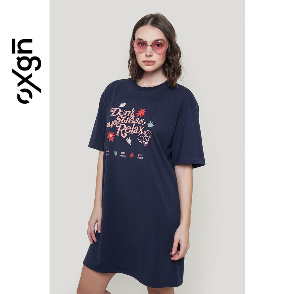 OXGN Ladies Dont Stress Oversized Graphic T Shirt Dress 02