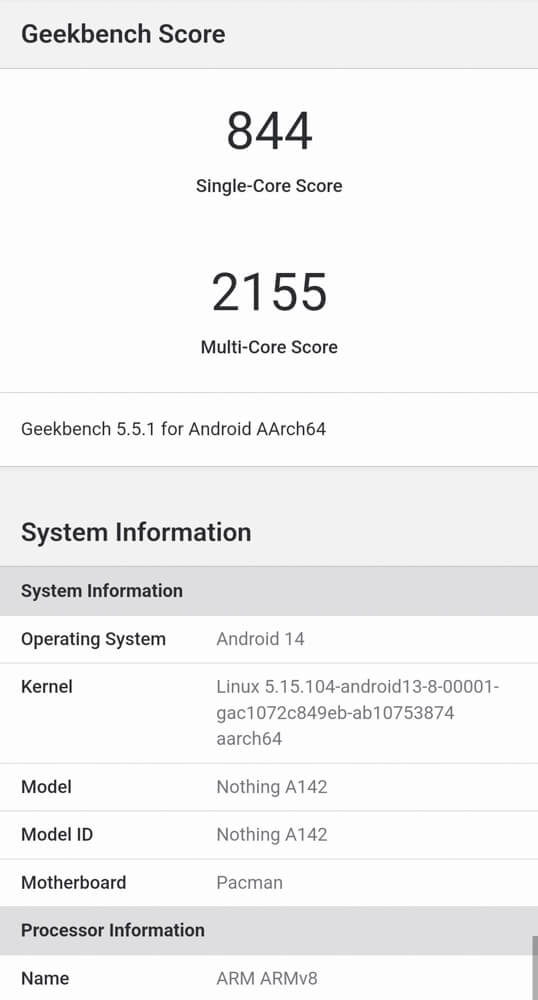 Nothing Phone 2a - Geekbench scores