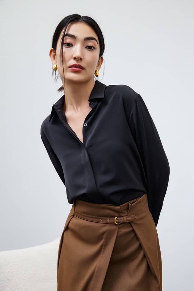 Ivy Satin Button Down Shirt from Signatures (Black) and Belted Pencil Midi Skirt (Golden Brown)