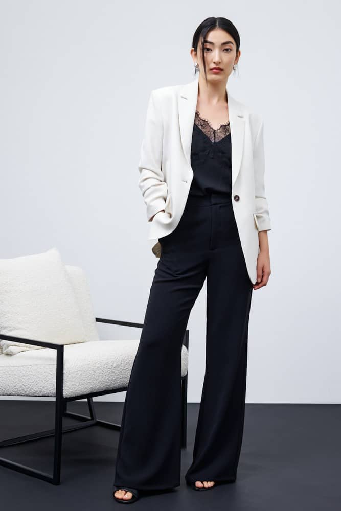 Lace Cut Out Camisole Top (Black) Yuna Tailored High Rise Pants from Signatures (Black) and Rachel Ruched Ready Blazer (Ivory) from Signatures