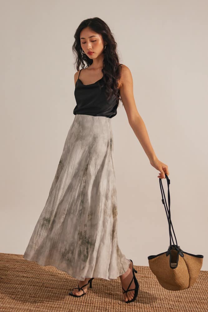 Sophia Cowl Neck Camisole Top (Black) from Signatures and Flare Midaxi Skirt (Light Grey)