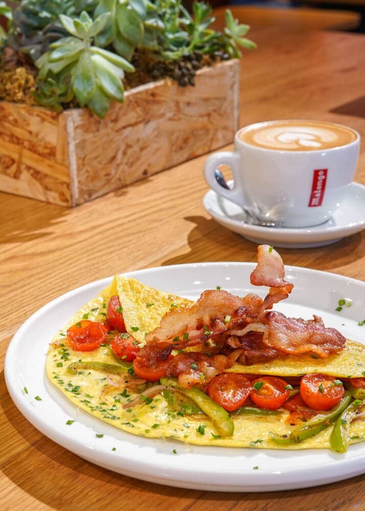 Vegetable Omelette with Bacon served with a Malongo Bear Art Latte