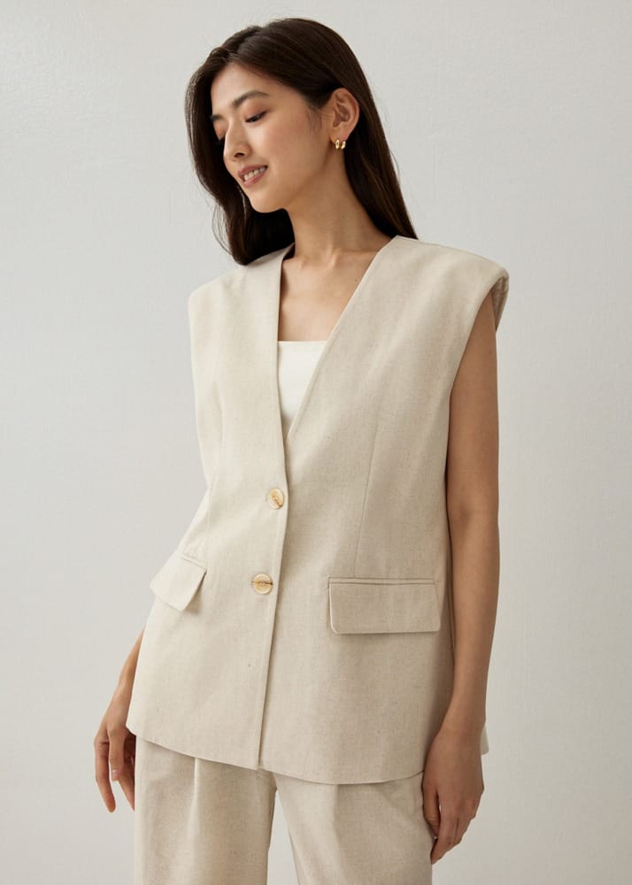 Love Bonito Archive Sale Zilla Shoulder Padded Linen Vest in Beige